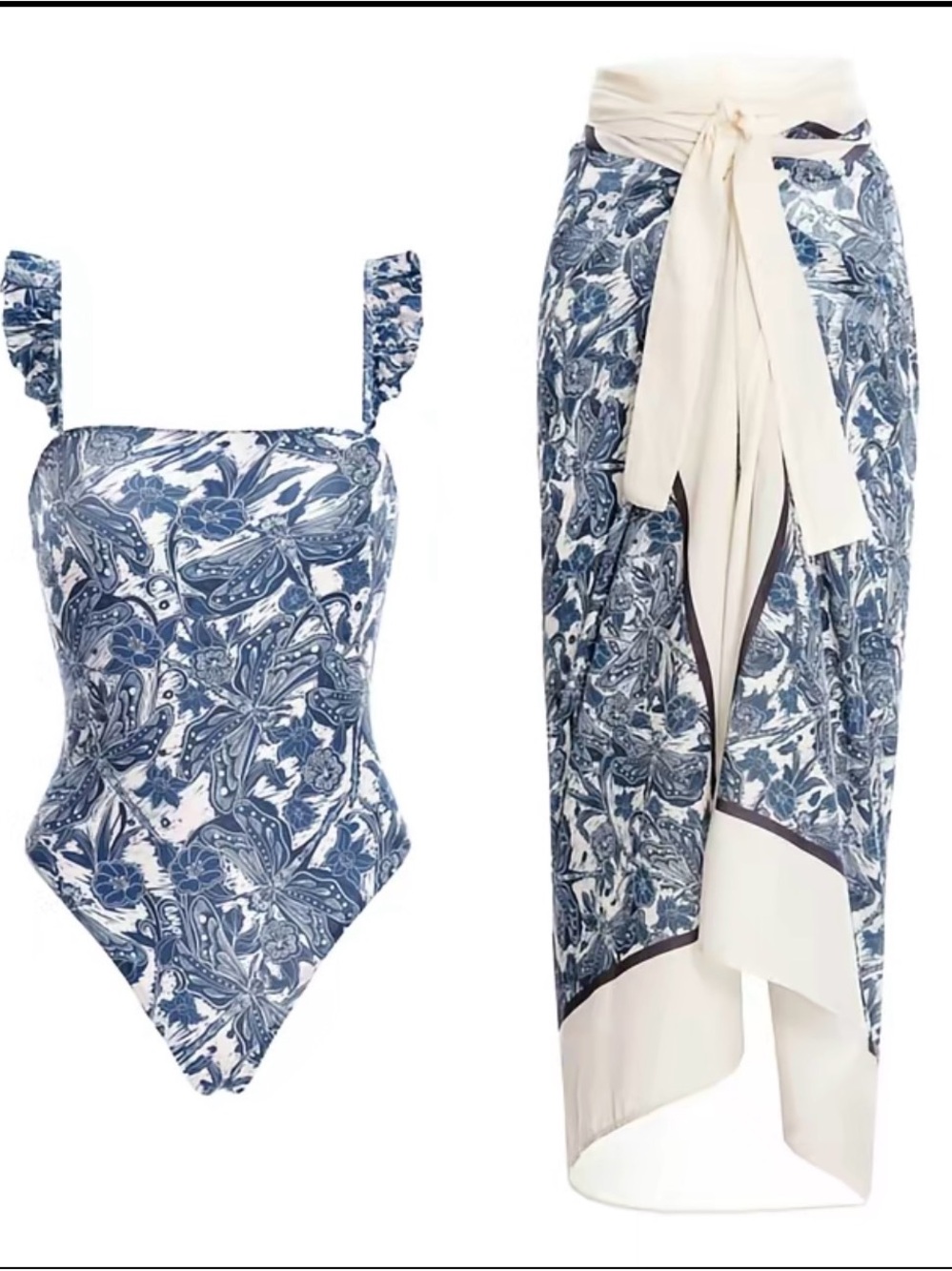 Blue Floral Print One-Piece Swimsuit with Cream Tie Sarong